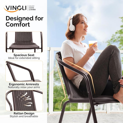 Set 1, VINGLI PE Rattan Outdoor Dining Chairs of Plastic Stackable Patio Chairs for Indoor, Porch, Restaurant, Garden