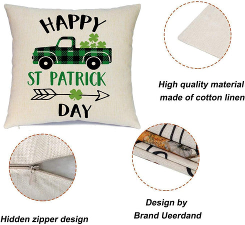 Ueerdand St Patrick's Day Pillow Covers, Set of 4 Shamrock Decorations, Green Clover Buffalo Plaid Cushion Covers