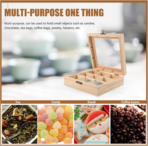 FAVOMOTO Multi-Compartment Countertop Holder, Wooden Tea Storage Box with 9 Divided Sections for Tea Bags and Seasoning