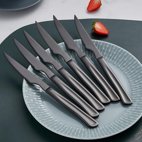 Black Steak Knife Set - 6 Piece Stainless Steel Kitchen Utility Knives, 8.7 Inch Serrated