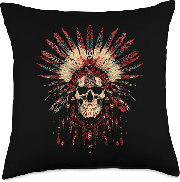 Colorful Native Skull Robotic Skull Indian Feather Headdress Throw Pillow Decor