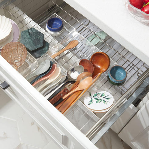 Clear Drawer Organizer, 2 Pieces with 6 Sections & Dividers, Acrylic Makeup Tray for Desk Storage