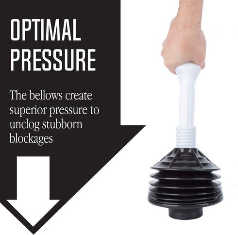 JS Jackson Supplies Professional Bellows Toilet Plunger, High Pressure Power Plunger for Heavy Duty Clogs, White & Black