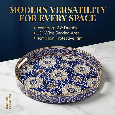 13 INCH Zosenley Round Decorative Tray, Plastic with Handles, Modern Vanity and Serving for Ottoman, Coffee Table