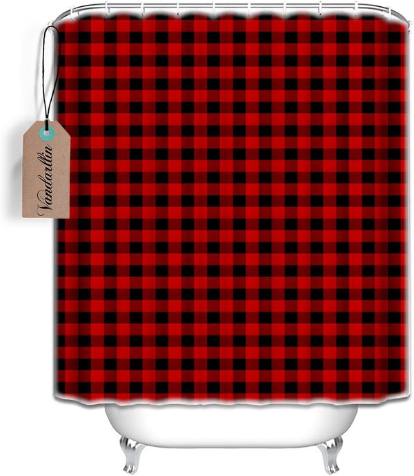 Vandarllin Extra Long Shower Curtain, 72x84 Inches, Washable Water Repellent Rustic Red Black Buffalo Check Plaid