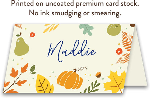 Koko Paper Co Thanksgiving Place Cards with Pumpkin and Autumn Foliage, Pack of 50 Tent Style Cards for Fall Events
