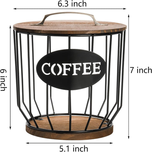 yarlung Coffee Pod Holder with Lid, Large Capacity K Cup Coffee Filter Holder with Rustic Wooden Base, Black Wire Coffee Storage Basket for Kitchen Countertop, Coffee Bar, Coffee Station Organizer