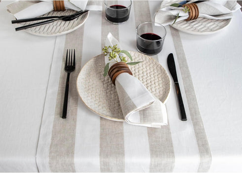 Solino Home Linen Table Runner 36 Inches - Cabana Stripe 100% Pure Linen Natural and White Table Runner 14 x 36 Inch