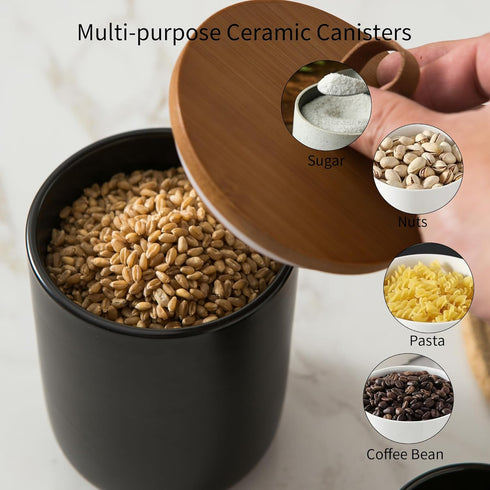 Canister Sets for Kitchen, Black Ceramic Kitchen Canisters with Airtight Wood Lids, Set of 3 for Flour and Sugar