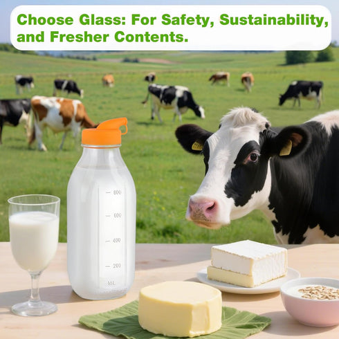 CARBLIN 32 Oz 2 Pack 2 1 Glass Milk Bottles, Scale Mark Drinking Jug with Nut Milk Bags& Airtight Screw Lid & Silicone