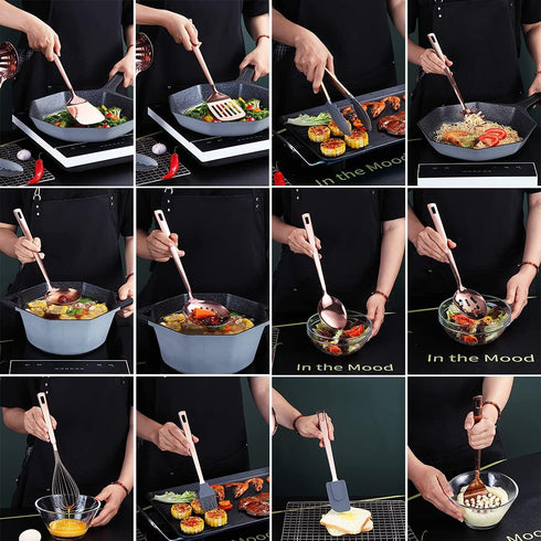 Copper Kitchen Utensils Set, 13 Pieces Stainless Steel Cooking Tools with Titanium Rose Gold Plating and Holder