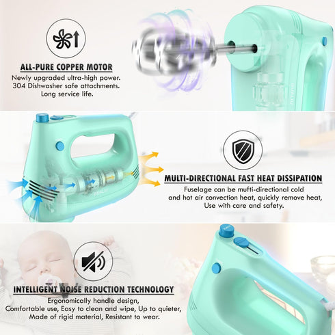 Electric Hand Mixer with Stainless Steel Whisk, Dough Hook, Storage Bag, Handheld Mixer for Baking, Turbo Boost, Green