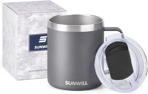 SUNWILL Travel Coffee Mug with Lid, Insulated Tumbler, 14 oz Stainless Steel Cup for Ice, Water, Tea