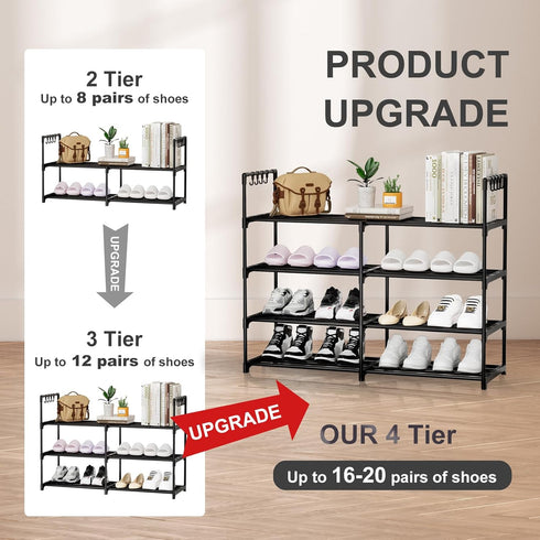 DYJIEKAI 2 4 16-20 Closet, Rows Tier Shoe Rack, Black Metal Stackable Shoe Shelf with Multifunctional Hooks, Hold