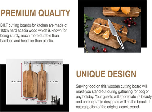 Set 2 Packs Wood Cutting Board with Handle for Kitchen Large and Small Long Acacia Wooden Kitchen Cutting Boards