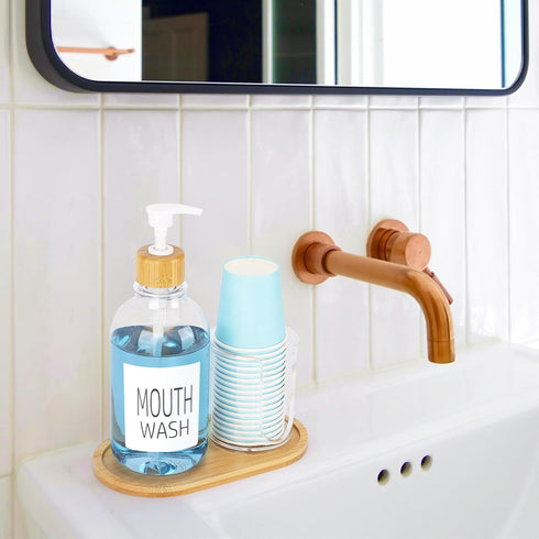 17oz Mouthwash Dispenser with Cup Holder, Plastic Mouth Wash Pump Bottle with Tray for Bathroom Organizers, Refillable