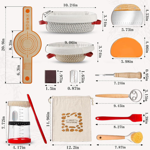 9" 10" 37oz Sourdough Starter Kit with Round & Oval Banneton Proofing Basket and Starter Jar - Beginner-Friendly