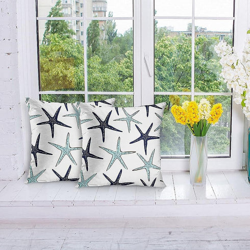 Emvency Set of 2 Throw Pillow Covers, Beach Ocean Coastal Green and Blue Starfish Decorative Pillow Cases 18x18 Inches