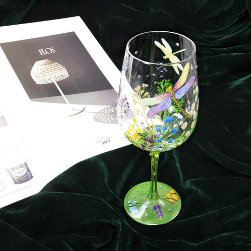 NymphFable Hand Painted 15 oz Wine Glass, Colorful Dragonfly Flower Artisan Gift for Birthdays, Weddings, Valentine's