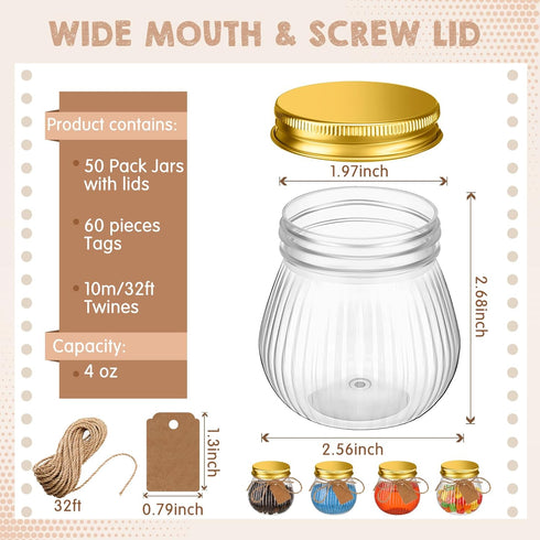 50 4 oz Yungyan Pcs Small Jars with Lids, Clear Mini Mason Jars Plastic Containers with Lids and Tags Mini Jelly