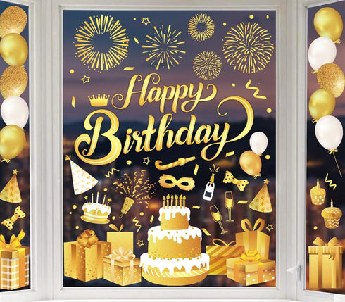 Whaline 134Pcs Birthday Window Clings, Gold Yellow Decals for Birthday Party Home School Decorations
