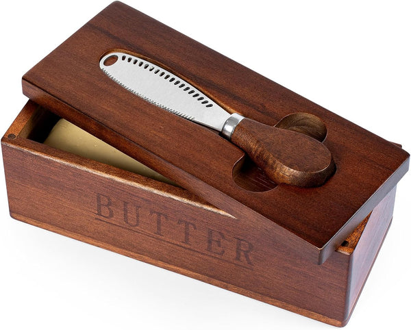 LYNG Butter Dish with Magnetic Lid, Acacia Wood Butter Keeper With Knife, Detachable