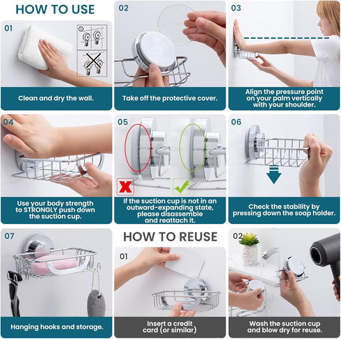 TAILI Soap Dish Holder with Hooks, Bar Soap Tray Saver Suction Cup with Razor Holder for Shower Wall, Rustproof