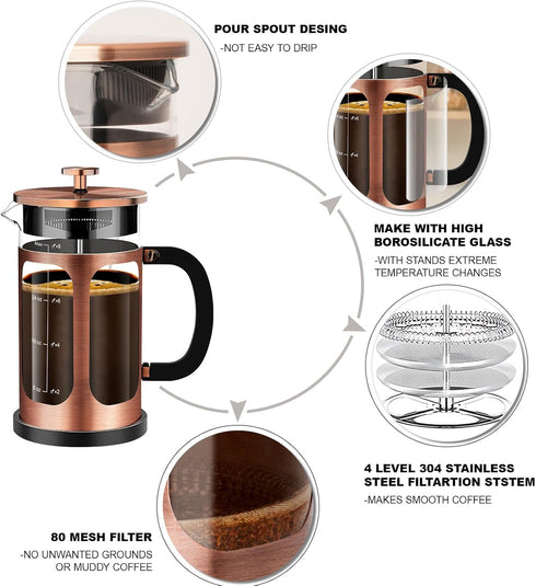 French Press Coffee Maker (34oz 1Quart 5-6Cup), with 4 Filters System, Borosilicate Glass, Cold Brew Coffee Tea Pot