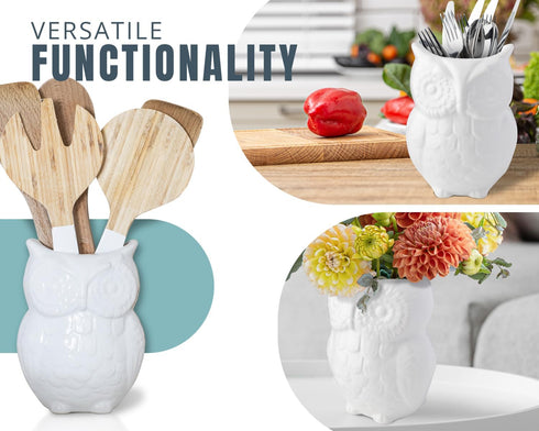 Comfify Owl Utensil Holder, Decorative Ceramic Cookware Crock & Organizer in White - Perfect Kitchen Décor Gift