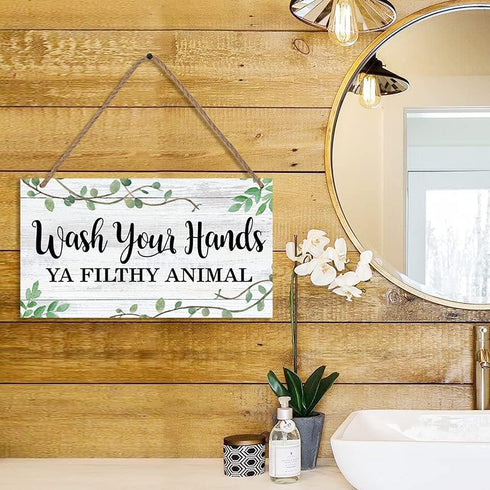 LHIUEM Wash Your Hands Ya Filthy Animal Sign, Funny Bathroom Wooden Hanging Wall Art, Green Plant Wood Plaques for Home