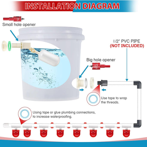 8 Pack Set 1/2'' Dreyoo Automatic Chicken Waterer, Complete with PVC Tee Fittings, Float Valve Controlled Automatic