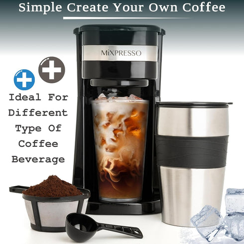 Mixpresso Personal Single Serve Coffee Maker & 14oz Travel Mug, Drip Small Coffee Maker with Auto Shut Off & Reusable