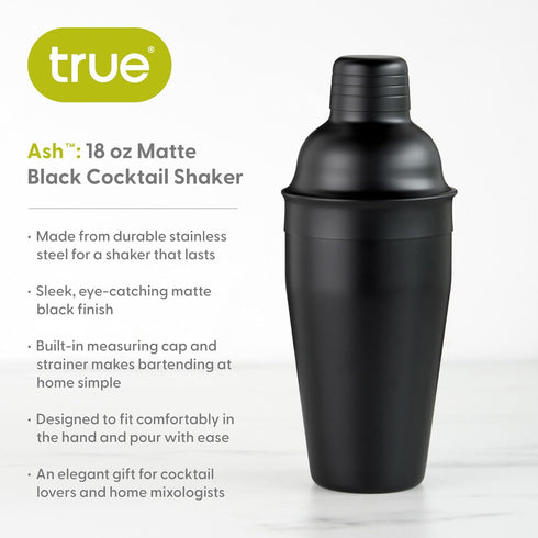 True Ash Stainless Steel Cocktail Shaker - 18 oz for Cold Brew Cocktails, Home Bar Accessories, Matte Black