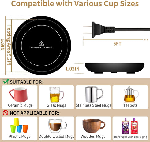 Coffee Mug Warmer for Desk with 4H Automatic Shut-Off, Adjustable Temperature Control for Ceramic, Glass, and Stainless