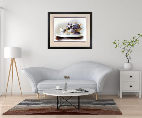 Country Wall Decor Art Print Poster, Violets Flowers & Kettle Tea Pot Still Life (16x20)