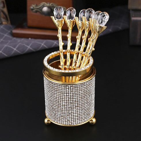 6Pcs Coffee Spoons Set with Holder, Zinc Alloy Gold Dessert Spoons, Mini Tea Spoons Set, Small Delicate Spoons Set for Fruit,Stirring, Mixing, Sugar, Ice Cream, Cake
