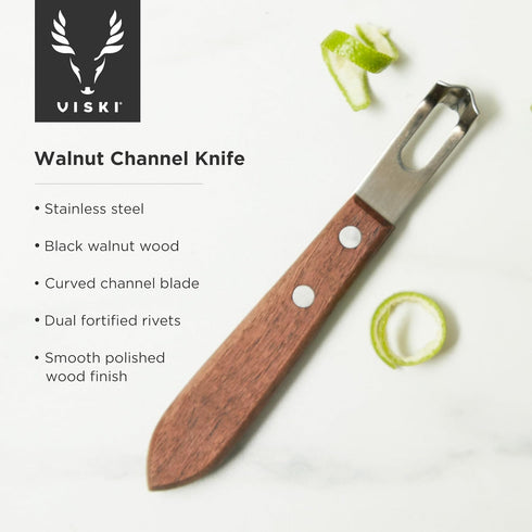 Set 1 Viski Channel Knife, Citrus Zester and Orange Peeler Tool, Walnut Wood and Stainless Steel Bar Tool for Cocktail