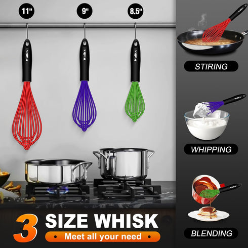 Walfos Whisk Set of 3: 8.5+9+11in Silicone Whisks for Cooking, Heat Resistant, Dishwasher Safe
