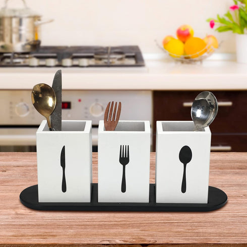 Kathfly 4 Pcs Silverware Caddy Utensil Holder for Countertop, Wood Tray Spoon Fork Holder for Kitchen Parties (White)