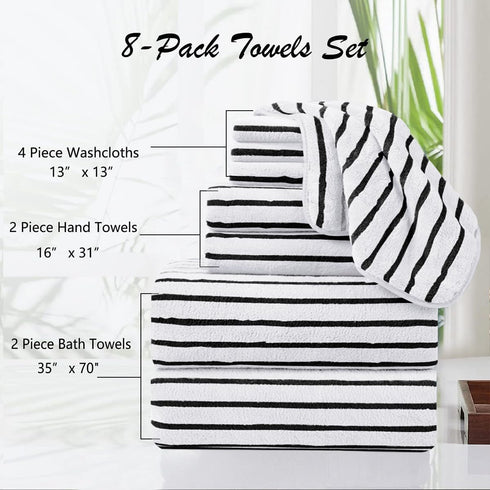8 Set Sheet-2 Towels,2 Towels,4 Oliven Pcs Black White Cabana Stripe Large Bath Towel Oversize Bath Bathroom Hand