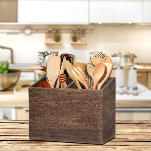 Wooden Kitchen Utensil Caddy with 2 Compartments, Rustic Holder for Kitchen Countertop, Wood Organizer Box