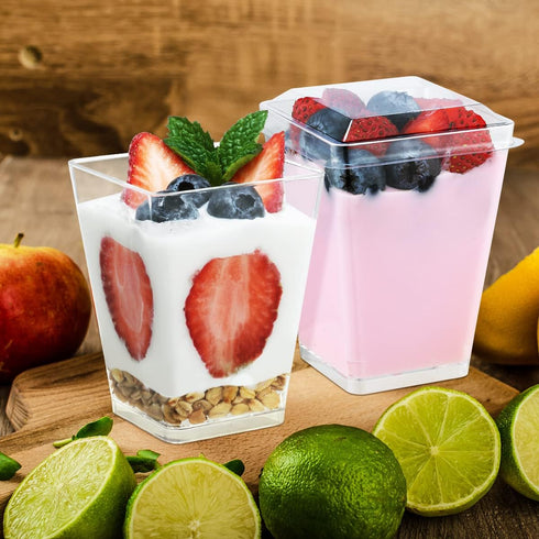 5 oz 100 Pack SHOPDAY Plastic Dessert Cups Small Clear Square Parfait Cups with Spoons, Mini Plastic Tumbler Serving