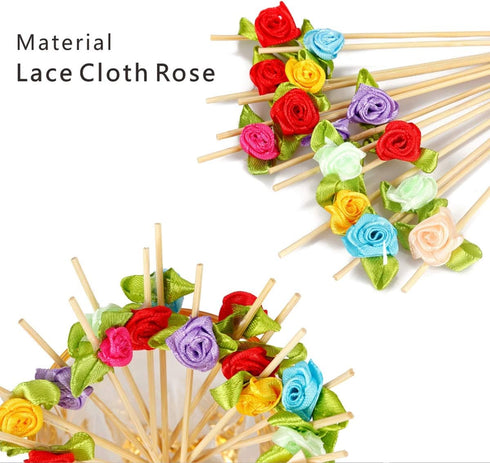 Minisland Multicolor Rose Flower Cocktail Picks, 4.7 Inch Long Bamboo Toothpicks for Appetizers, 100 Counts - MSL129
