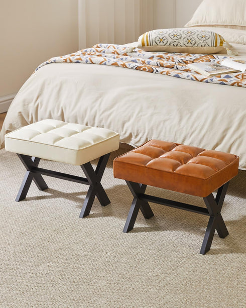 12" WBD012J IBUYKE Small H Footrest Stool, Square PU Foot Stool with Metal X-Leg, Multi-Use as Small Side Table, Step
