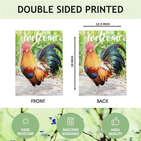 Welcome Rooster Garden Flag, 12.5X18 Double-Sided Farm Animal Chicken Flag for Outdoor Decor
