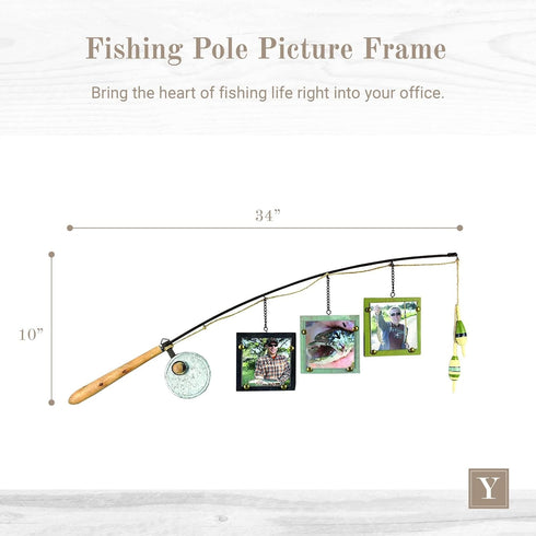 4x4 Young's Inc Wood Fishing Pole Triple Photo Frame Rustic Lake House Wall Fish Decor with Hanging Frames, Lodge