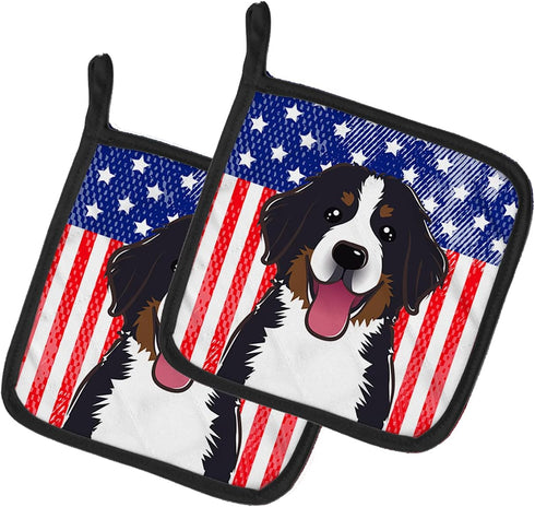 Caroline's Treasures American Flag and Bernese Mountain Dog Pot Holders, Heat Resistant Kitchen Set, 7 1/2 x 7 1/2