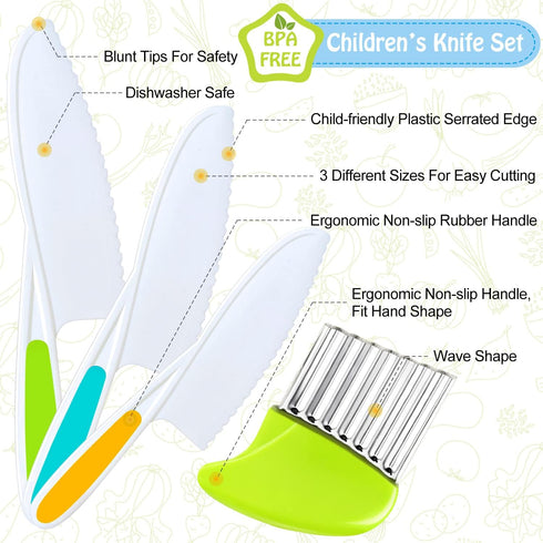 4 Pcs Kids Knife Set, Nylon Kitchen Knife with Crinkle Cutter, Serrated Edges Plastic Toddler Chef Knife for Real Cooking & Cutting Fruit Bread by TAORISH