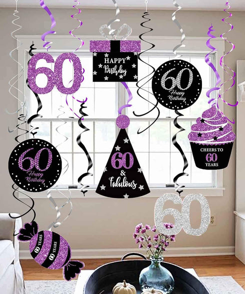 60th Birthday Decorations for Women, Purple Black Silver Hanging Swirls Ceiling for 60th Birthday Party