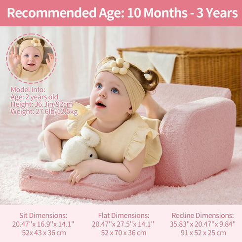 3-in-1 1-3 KidBloom Toddler Couch, Toddler Chairs Comfy Years Old, Kids Plush Sofa Chair, Mini High Resilience Foam